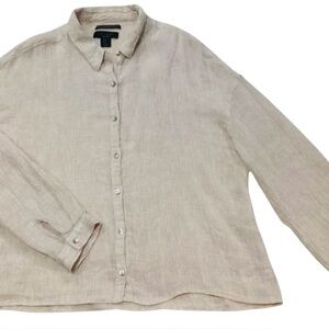 Tahari 100% Linen Button Front Shirt XL Oatmeal Crinkle European Flax Relaxed